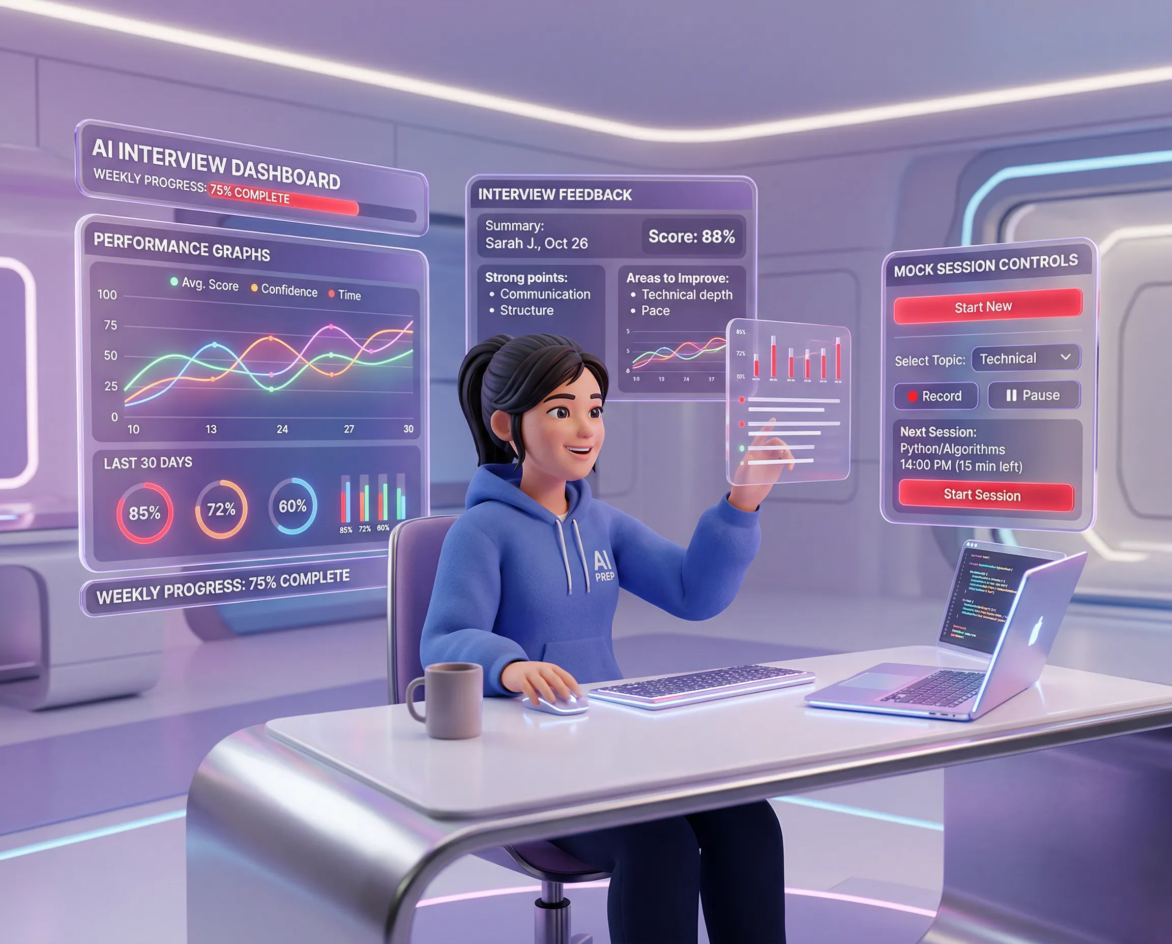 iMock AI AURA feature showing discreet interview prompts and structured answer hints overlay on desktop